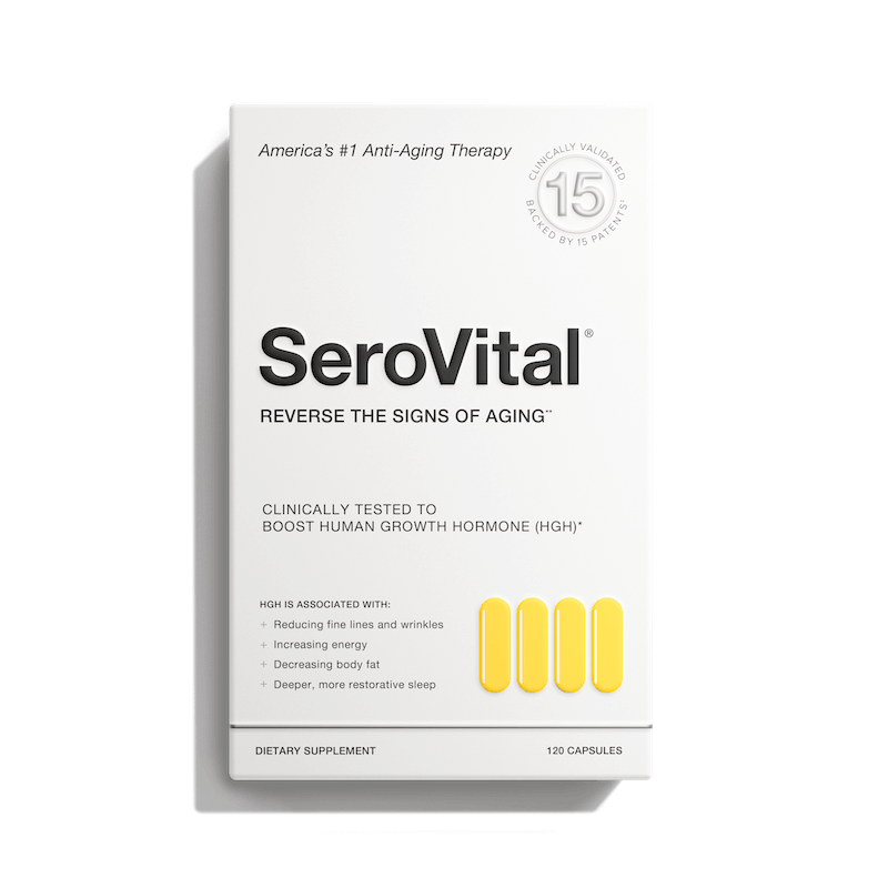 White box of SeroVital anti-aging supplement. Claims to boost HGH, reduce wrinkles, increase energy, decrease body fat, and improve sleep. Contains 120 capsules.
