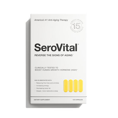 White box of SeroVital anti-aging supplement. Claims to boost HGH, reduce wrinkles, increase energy, decrease body fat, and improve sleep. Contains 120 capsules.