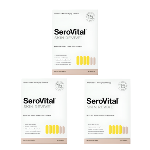 Three boxes of SeroVital Skin Revive supplements, with branding and dosage information visible.