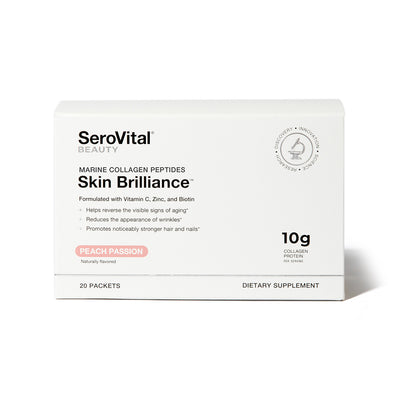 A box of Skin Brilliance marine collagen peptides packets on a white background.