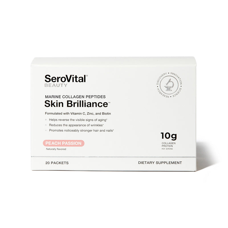 A box of Skin Brilliance marine collagen peptides packets on a white background.