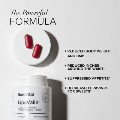 Two red LipoValin tablets sitting on top of the bottle's lid with the bottle below and text saying this powerful formula reduced body weight, BMI, and inches around the waist, suppressed appetite, and decreased cravings for sweets