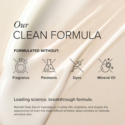 Icons showing RetinAll Daily serum is formulated without fragrance, parabens, dyes, or mineral oil