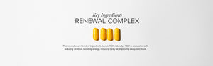 4 yellow SeroVital capsules lying in a row with text about its Renewal Complex, which boosts HGH naturally.*
