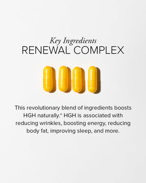 4 yellow SeroVital capsules lying in a row with text about its Renewal Complex, which boosts HGH naturally.*