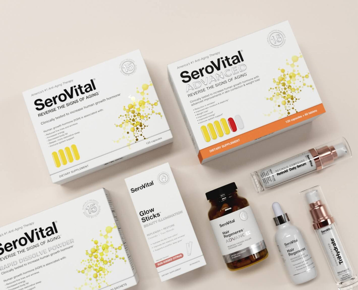 An image of the SeroVital line of anti-aging products displayed on a white background