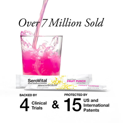 2 sachets of SeroVital Rapid Dissolve Powder lying next to a glass of water with pink liquid flowing into the glass. Text shows SeroVital is backed by 4 clinical trials, protected by 15 patents, with over 7 million boxes of the formula sold.
