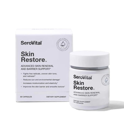 A bottle of the advanced skin hydration and skin barrier support formula Skin Restore next to a box on a white background