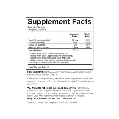 A supplement facts box showing the ingredients in Skin Restore