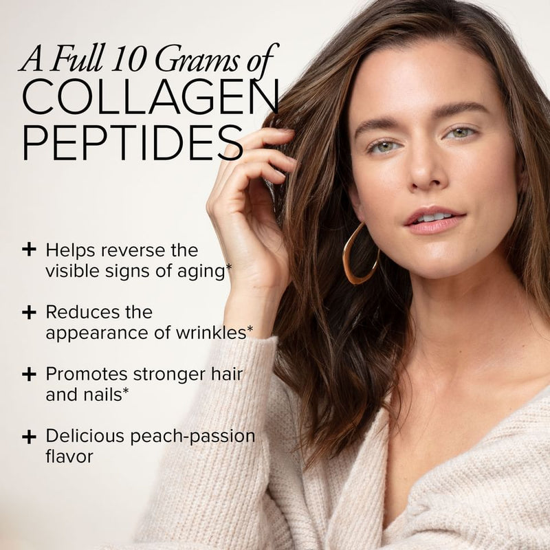 A beautiful white woman with brown hair and glowing skin with text that says Skin Brilliance contains 10 grams of collagen peptides to help reverse the visible signs of aging