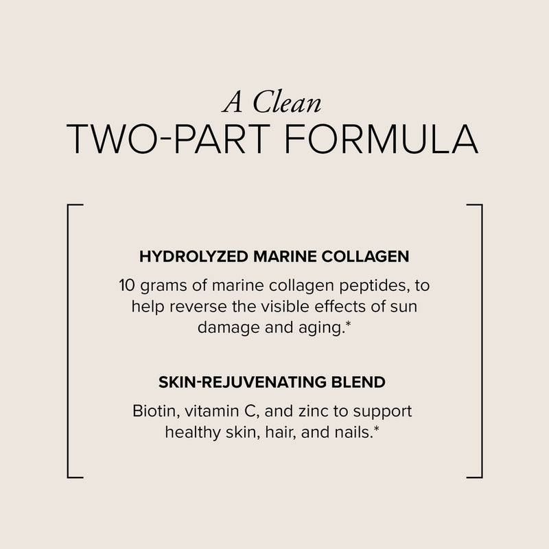 Stylized text in brackets showing Skin Brilliance contains hydrolyzed marine collagen to help reverse the visible effects of sun damage and aging, and a skin-rejuvenating blend with biotin, vitamin C, and zinc to support health skin, hair and nails