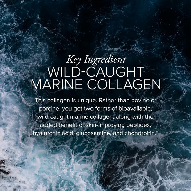 An image of dark blue ocean water with whitecapped waves. Text is overlaid on top of the water showing the key ingredient is wild-caught marine collagen