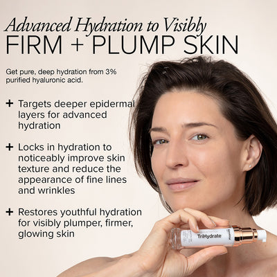A white woman with short brown hair holding up a bottle of TriHydrate next to text that says the formula offers advanced hydration to visibly firm and plump skin