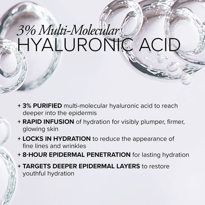 Liquid bubbles overlaid with text saying TriHydrate locks in hydration to reduce the appearance of fine lines and wrinkles