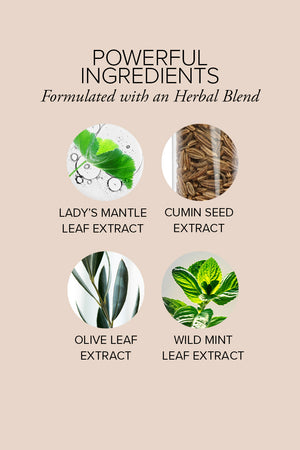 Small circle images of different herbs depicting lady's mantle leaf extract, cumin seed extract, olive leaf extract, and wild mint leaf extract