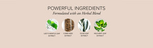 Small circle images of different herbs depicting lady's mantle leaf extract, cumin seed extract, olive leaf extract, and wild mint leaf extract