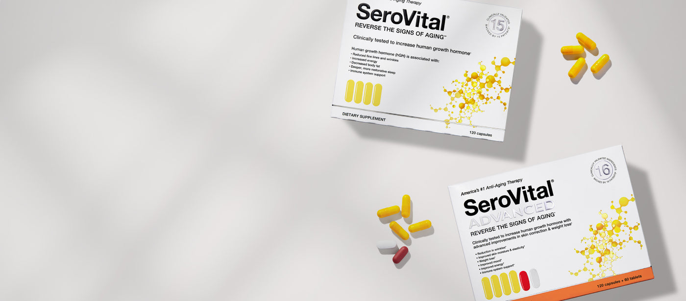 One box each of SeroVital and SeroVital ADVANCED with capsules on a grey background