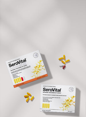 One box each of SeroVital and SeroVital ADVANCED with capsules on a grey background