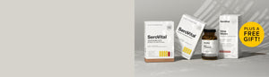 SeroVital supplement packages on a gray background with a free gift offer.
