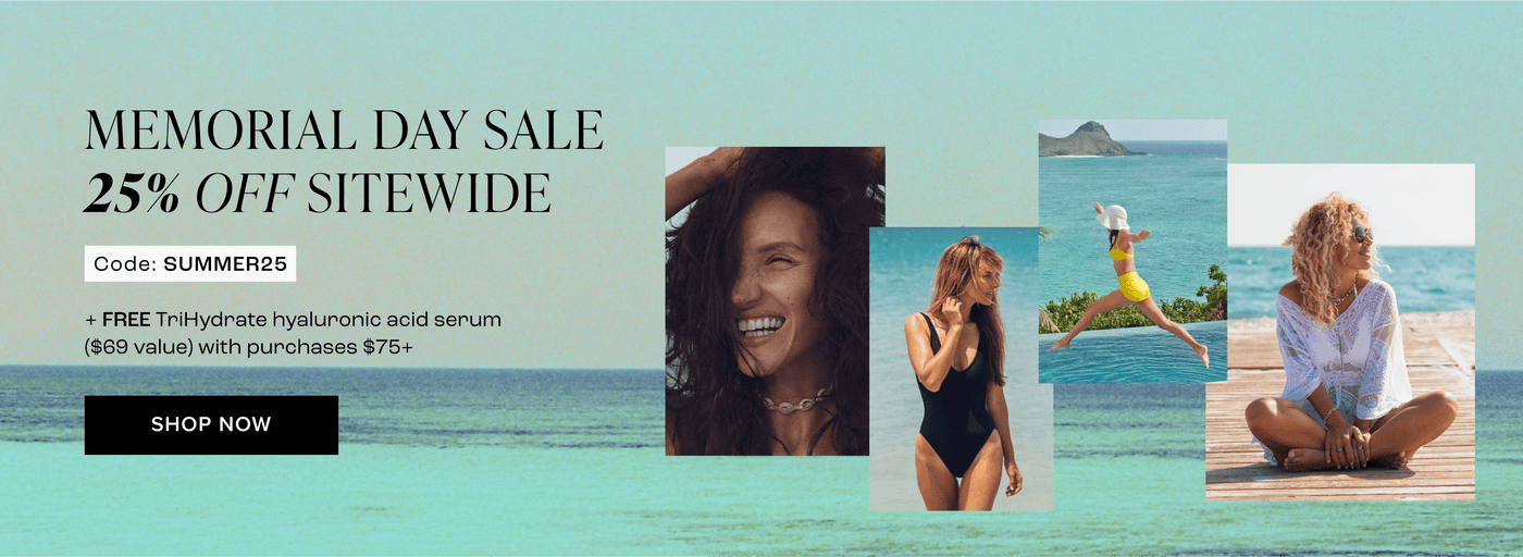 Memorial Day Sale banner: 25% off sitewide, free serum with $75+ purchase. Features women in summer fashion by the ocean.