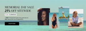 Memorial Day Sale banner: 25% off sitewide, free serum with $75+ purchase. Features women in summer fashion by the ocean.