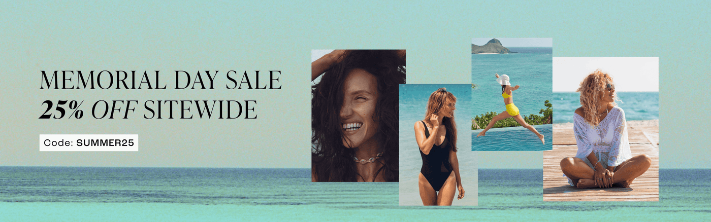 Memorial Day Sale banner: 25% off sitewide, free serum with $75+ purchase. Features women in summer fashion by the ocean.