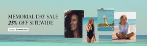 Memorial Day Sale banner: 25% off sitewide, free serum with $75+ purchase. Features women in summer fashion by the ocean.