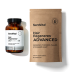 A glass bottle of women's hair loss formula Hair Regeneres ADVANCED next to a brown refill packet on a white background