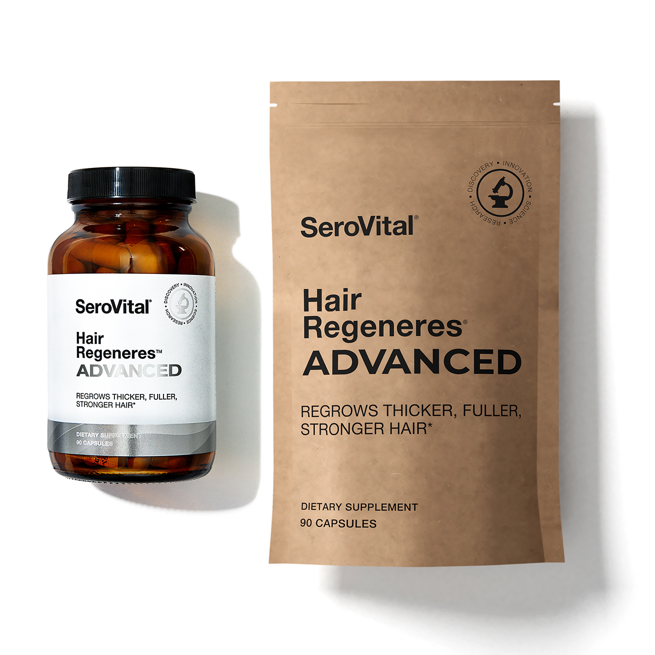 A glass bottle of women's hair loss formula Hair Regeneres ADVANCED next to a brown refill packet on a white background