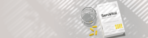 White box of SeroVital anti-aging supplement with yellow capsules and a glass of water.