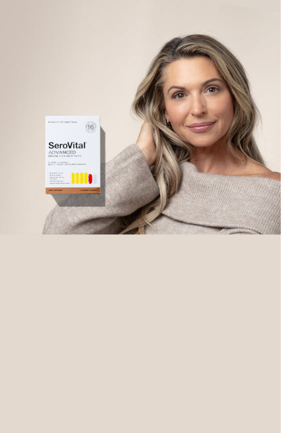Woman posing next to a box of SeroVital Advanced dietary supplement