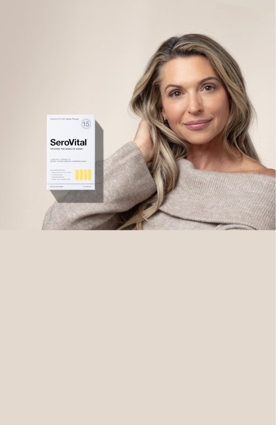 Woman posing next to a Serovital anti-aging supplement box