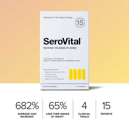 SeroVital dietary supplement box with clinical trial statistics showing HGH increase and sleep benefits