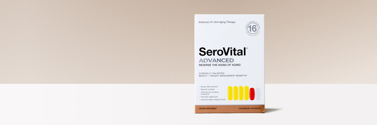 A single white rectangular product box for SeroVital Advanced stands upright on a clean studio background. The box is mostly white with black text, a small circular badge, and a row of pill-color blocks in yellow, orange, and red near the bottom.