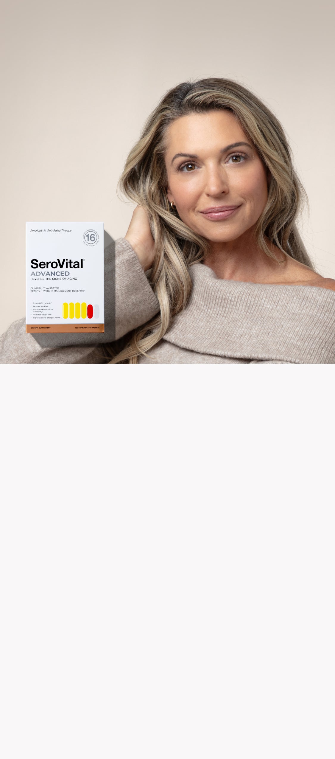 Woman with blonde hair posing next to a box of SeroVital Advanced dietary supplement