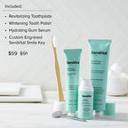 SeroVital dental care products including toothpaste, polish, and serum on a bathroom counter.