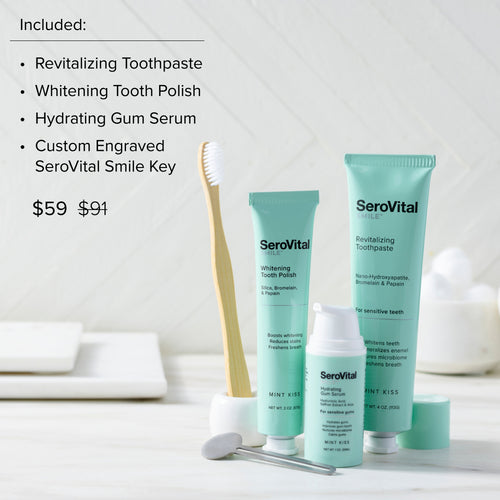 SeroVital dental care products including toothpaste, polish, and serum on a bathroom counter.