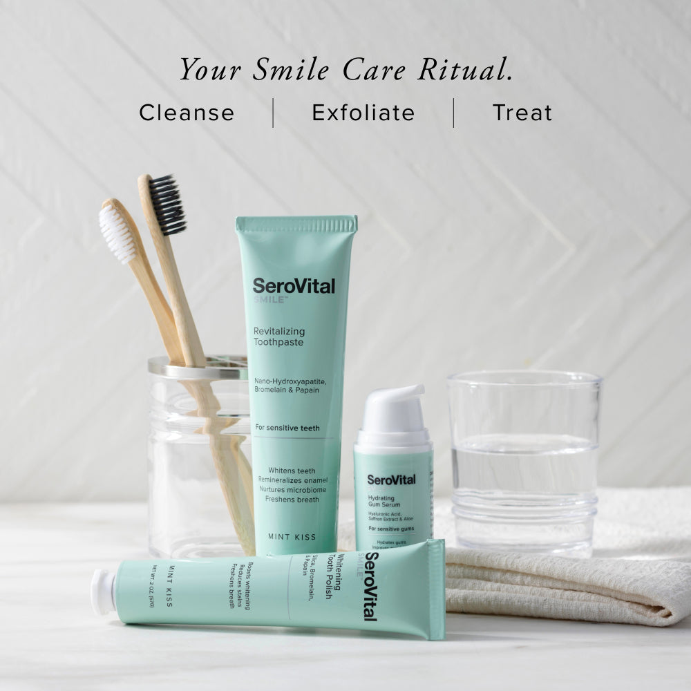 SeroVital dental care products including toothpaste, toothbrush, and mouthwash on a neutral background.