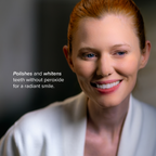 Woman with a radiant smile, promotional text about teeth whitening product.