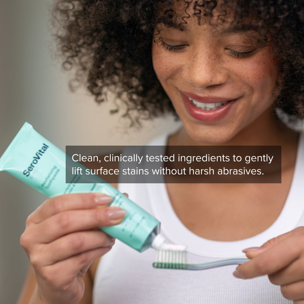 Woman holding a toothpaste tube and toothbrush with text about product benefits.
