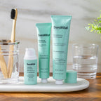 SeroVital dental care products including toothpaste, polish, and serum on a tray with a toothbrush and glasses.