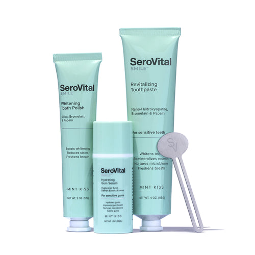 SeroVital dental care products including toothpaste and polish on a white background