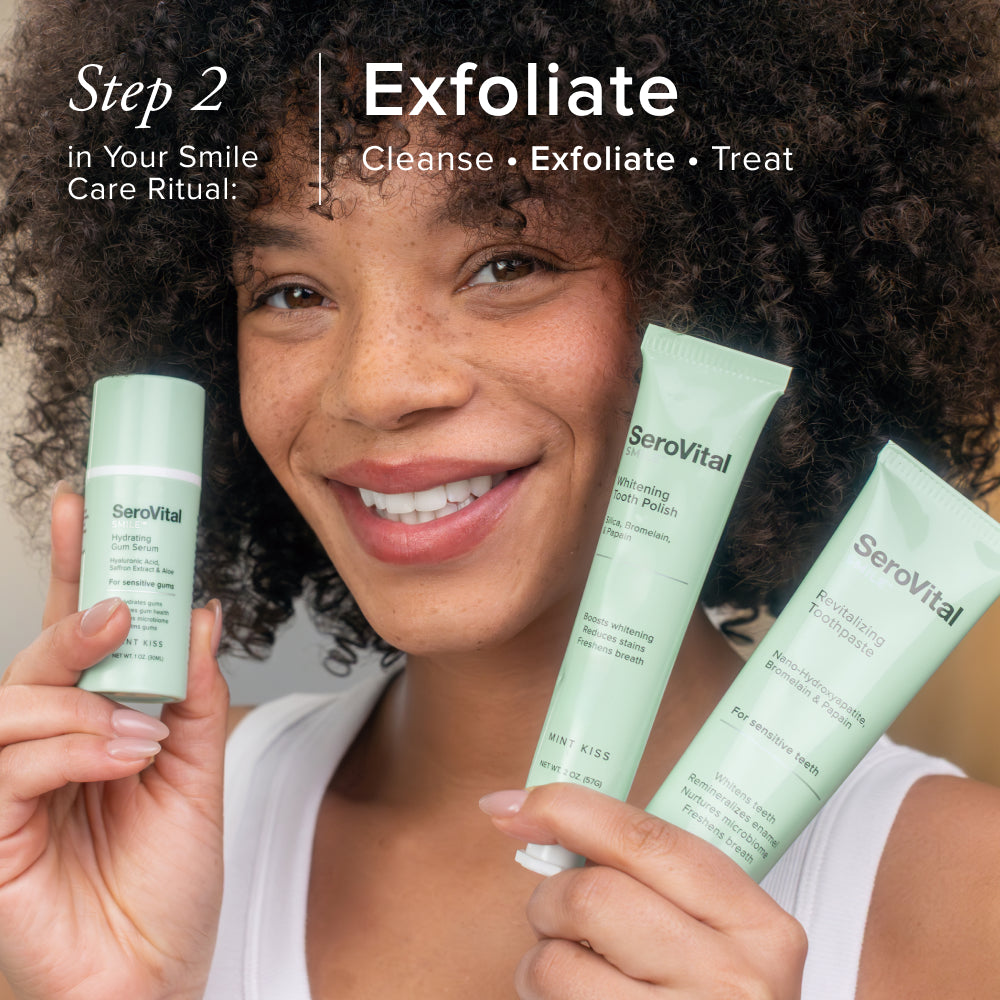 Woman holding SeroVital smile care products with text about a smile care routine.