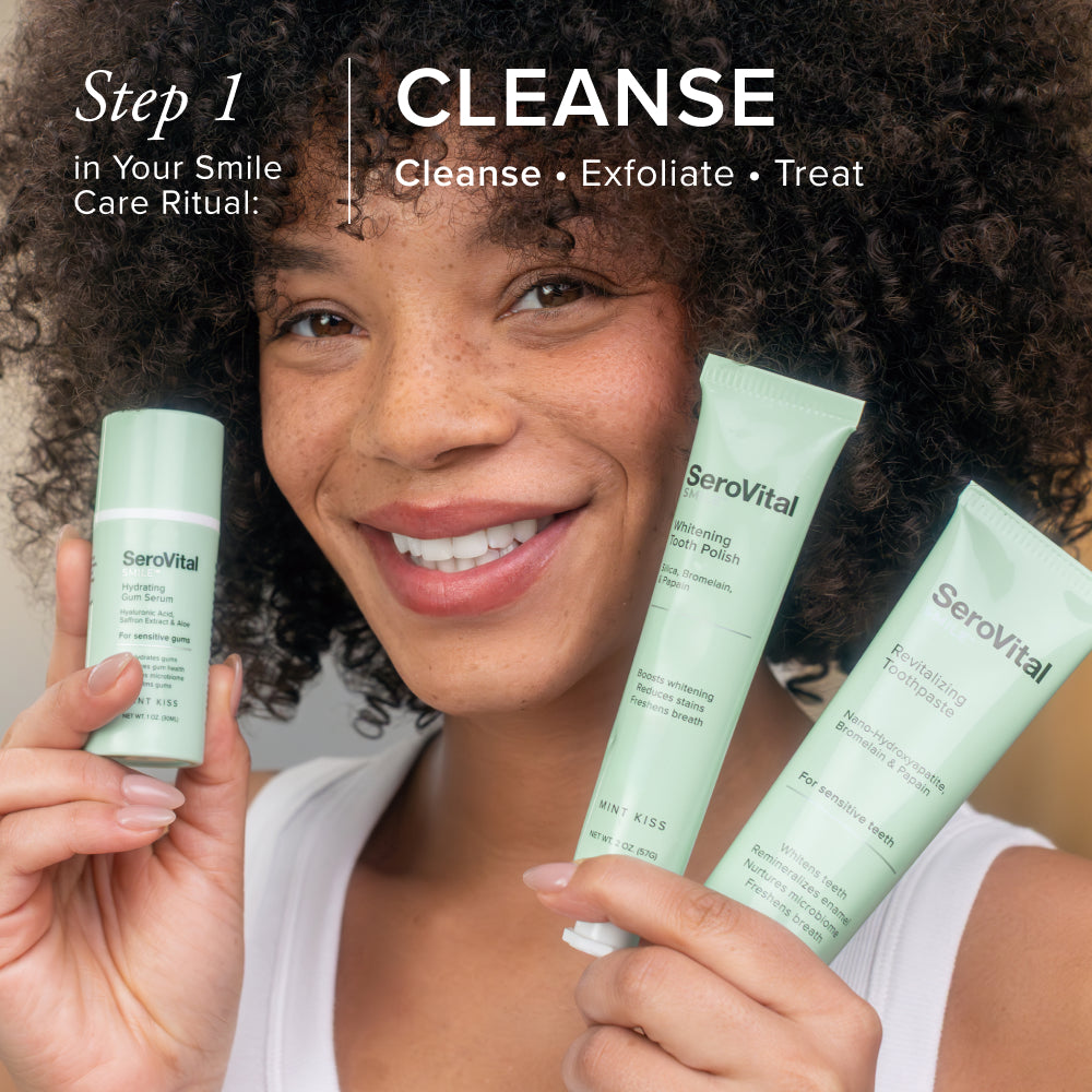 Woman holding SeroVital smile care products with text about a smile care routine.
