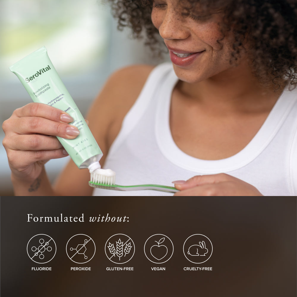 Woman applying toothpaste to a toothbrush with SeroVital branding, surrounded by icons indicating product features.