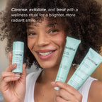 Woman holding Serovital smile care products with promotional text about a wellness ritual for a brighter smile.