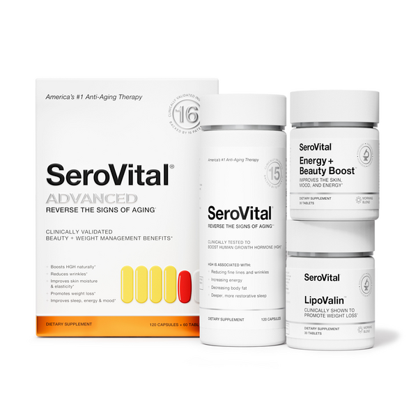 SeroVital ADVANCED product shot including box alongside bottles for 3 includes formulas: SeroVital, Energy + Beauty Boost and LipoValin. 