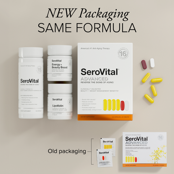 SeroVital ADVANCED New packaging. Same great formula and quantity, but now comes in recyclable bottles. Product box, next to 3 bottles of SeroVital, Energy + Beauty Boost and LipoValin. Old packaging with packets is shown for comparison. 