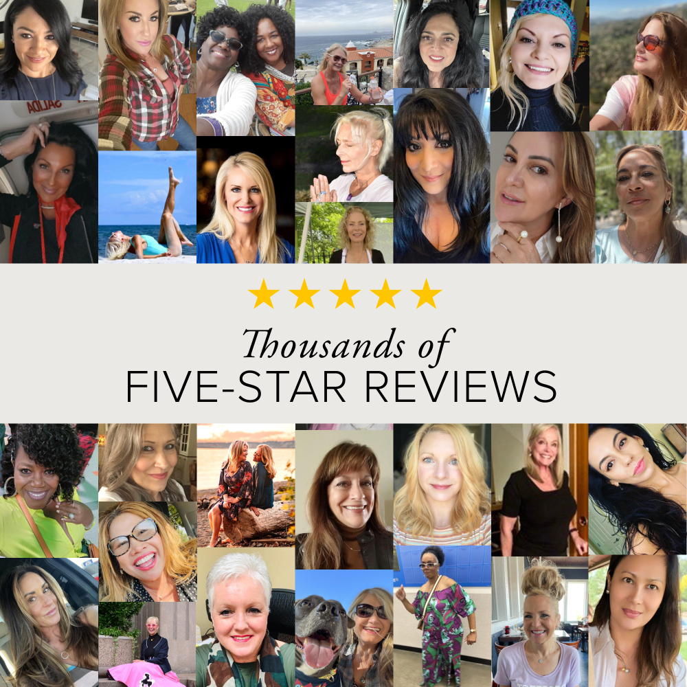 Collage of women with text: Thousands of Five-Star Reviews and five yellow stars, showcasing customer satisfaction.
