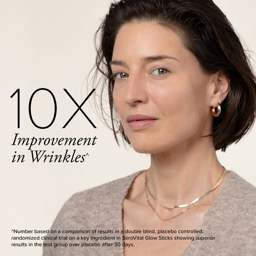 A white woman with brown hair and glowing skin next to text that says 10x improvement in wrinkles. Based on a comparison of results in a clinical trial on a key ingredient in SeroVital Glow Sticks.